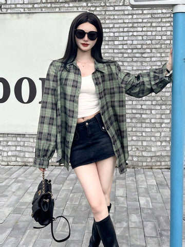 Unity Women's Plaid Print Button Down Casual Shirt, Long Sleeve For Commuting In Autumn