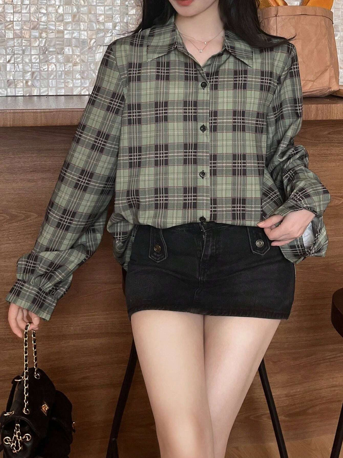 Unity Women's Plaid Print Button Down Casual Shirt, Long Sleeve For Commuting In Autumn