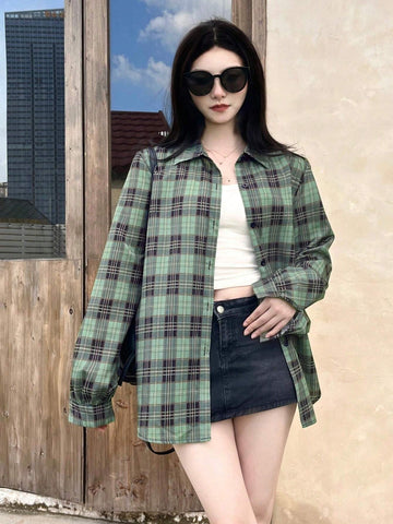 Unity Women's Plaid Print Button Down Casual Shirt, Long Sleeve For Commuting In Autumn