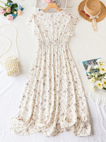Women's Short Flying Sleeves Vintage Floral Print A-Line Dress With Waist-Cinching