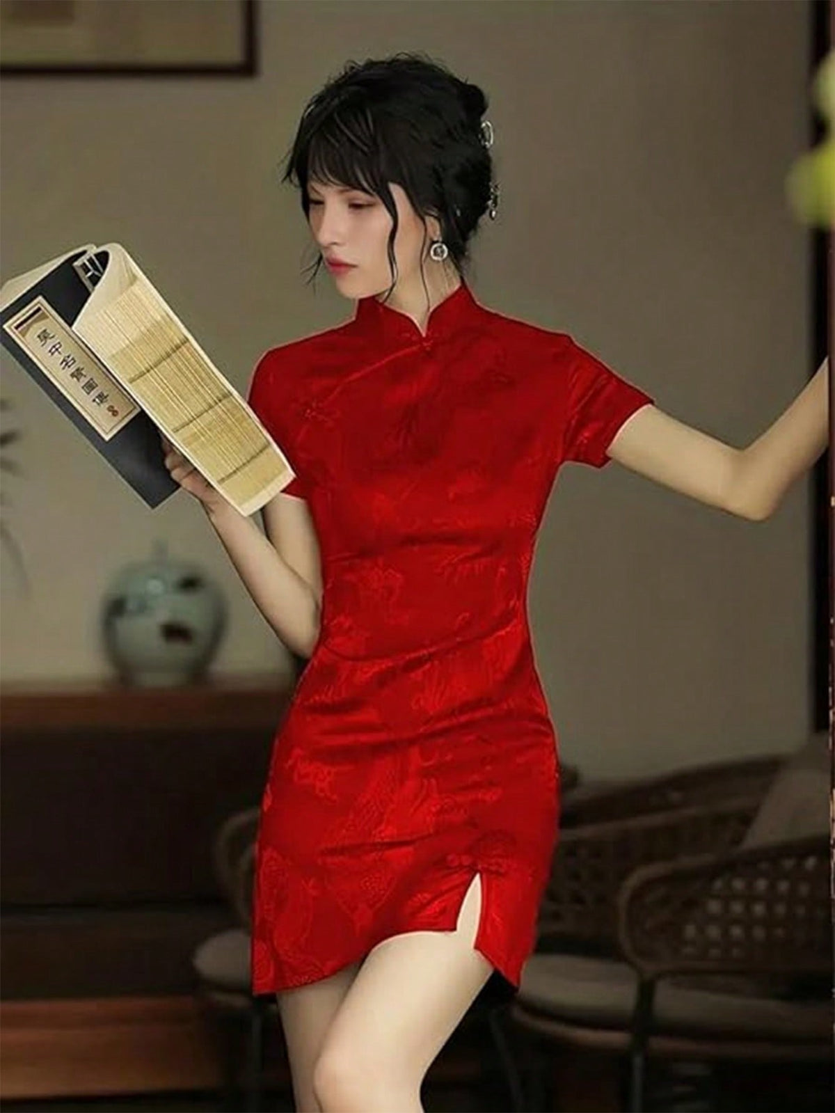 Women's Slim Fit Short Sleeve Dress With Stand Collar And Side Slit
