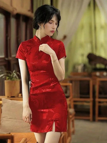 Women's Slim Fit Short Sleeve Dress With Stand Collar And Side Slit