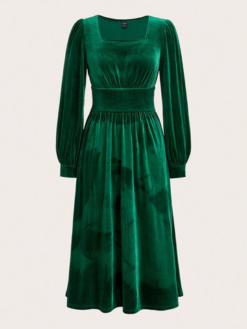 Women's Solid-Colored Velvet Square Neckline Dress With Waist Belt