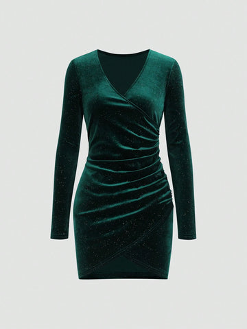 Women's Solid Color Long Sleeve V-Neck Simple Elegant Casual Everyday Dress