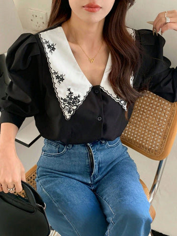 Unity Women's Solid Color Patchwork Long Sleeve Front Button Simple Casual Shirt