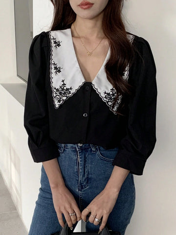 Unity Women's Solid Color Patchwork Long Sleeve Front Button Simple Casual Shirt