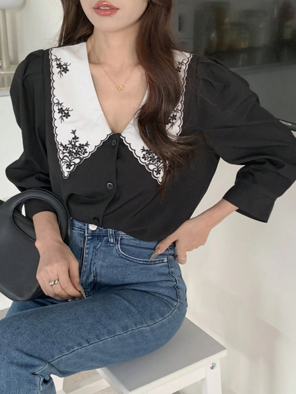 Unity Women's Solid Color Patchwork Long Sleeve Front Button Simple Casual Shirt