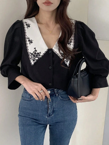 Unity Women's Solid Color Patchwork Long Sleeve Front Button Simple Casual Shirt