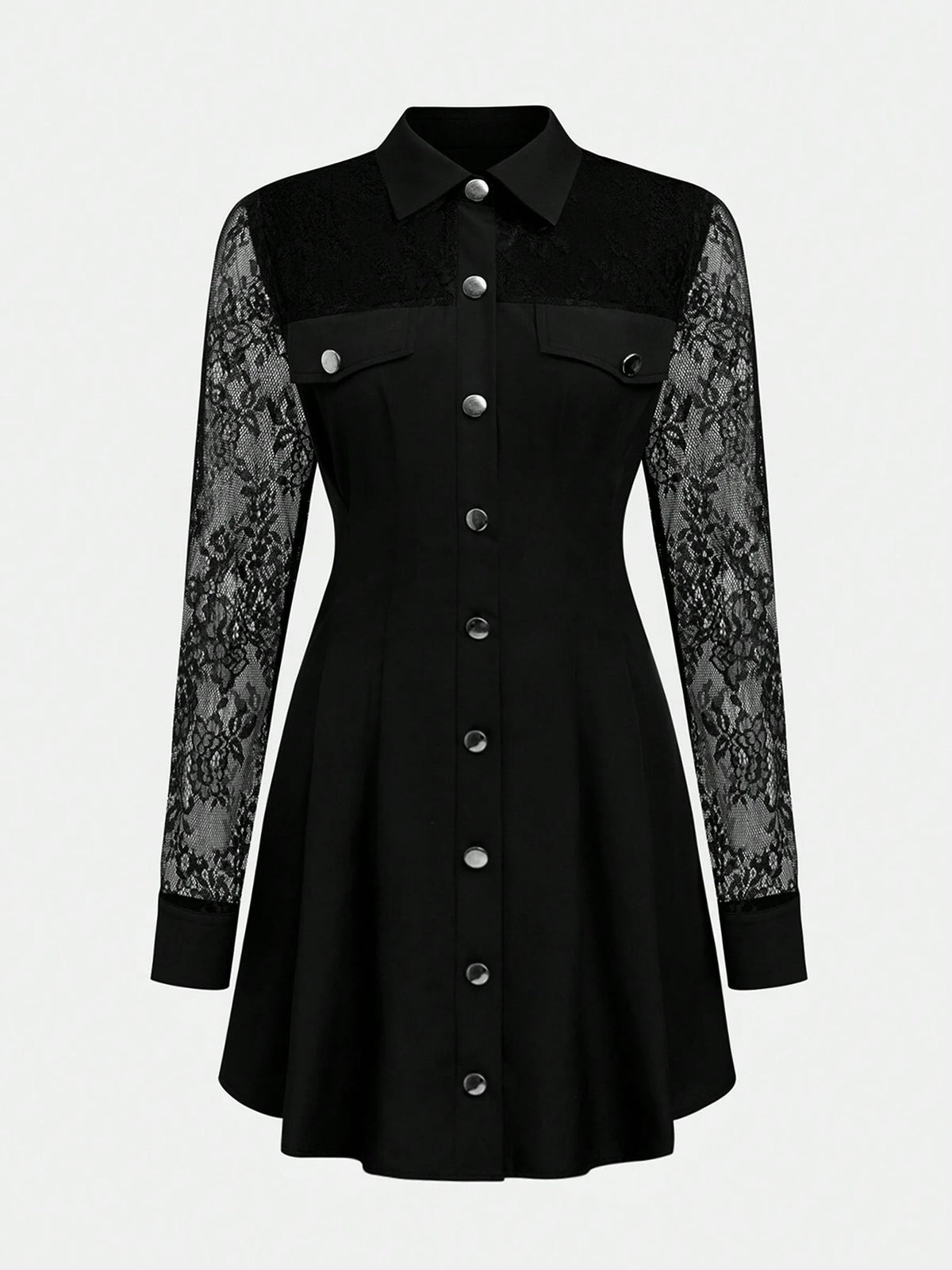 Women's Solid Color Rivet Lace Patchwork Long Sleeve Shirt Dress, Long Sleeve Autumn Dress