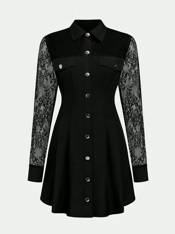 Women's Solid Color Rivet Lace Patchwork Long Sleeve Shirt Dress, Long Sleeve Autumn Dress