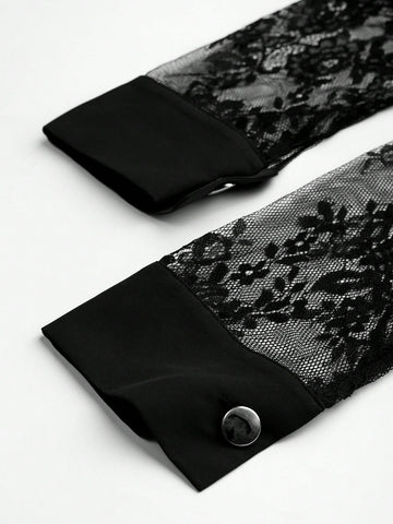 Women's Solid Color Rivet Lace Patchwork Long Sleeve Shirt Dress, Long Sleeve Autumn Dress