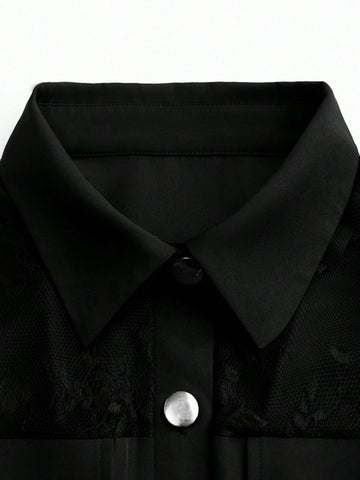 Women's Solid Color Rivet Lace Patchwork Long Sleeve Shirt Dress, Long Sleeve Autumn Dress