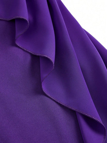 Women's Solid Color Round Neck Ruffle Trim Elegant Long Sleeve Jumpsuit