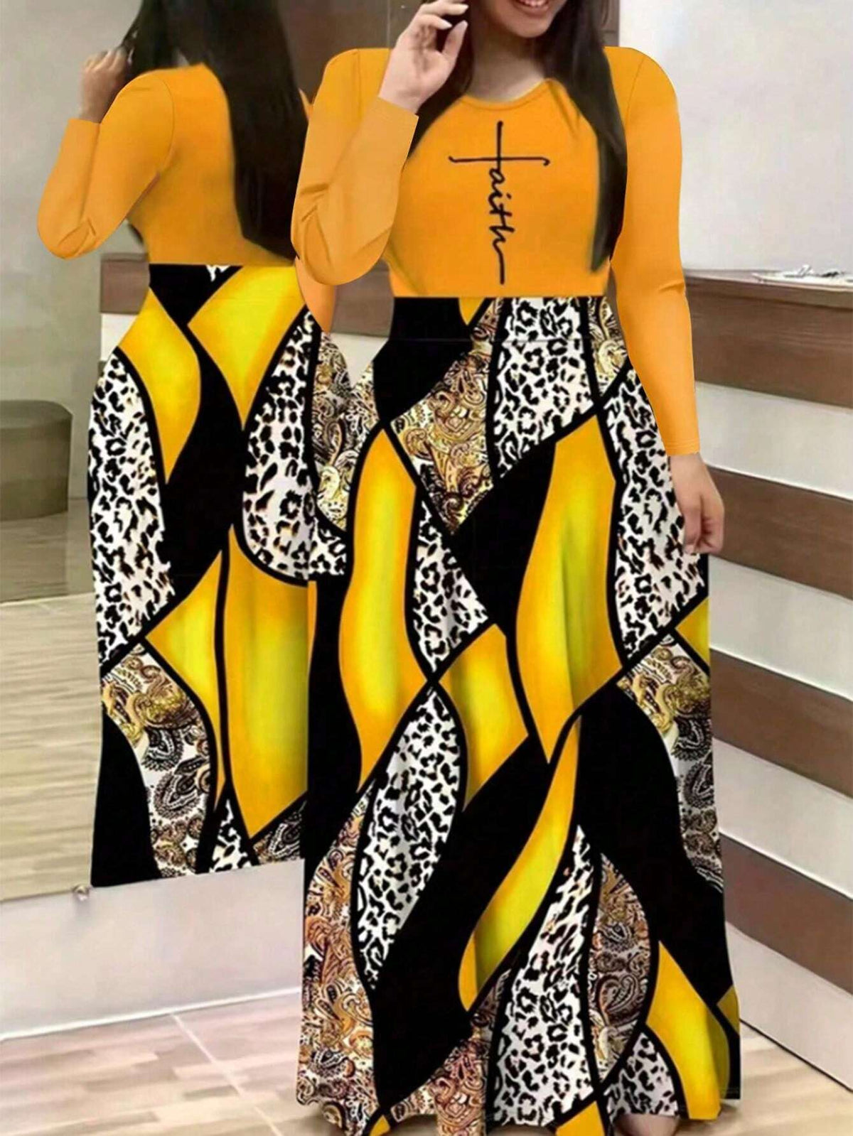 Women's Spring/Summer Casual Long Sleeve Round Neck Letter & Leopard Print Long Dress