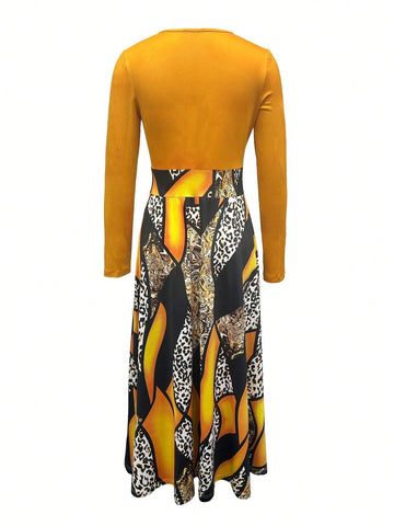 Women's Spring/Summer Casual Long Sleeve Round Neck Letter & Leopard Print Long Dress