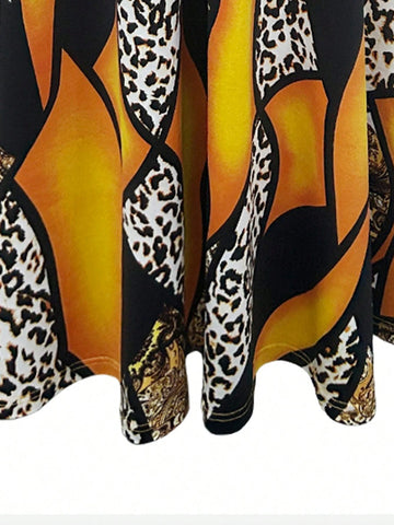 Women's Spring/Summer Casual Long Sleeve Round Neck Letter & Leopard Print Long Dress