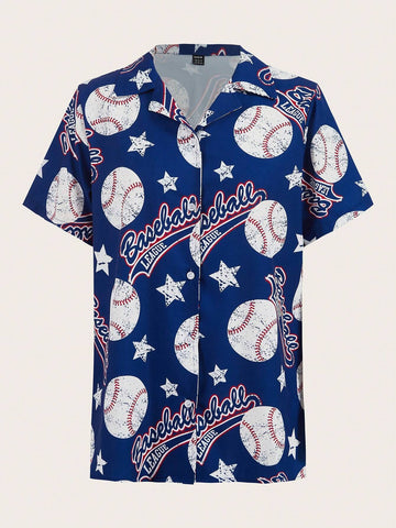 Unity Women's Summer Casual Baseball Star & Letter Printed Short Sleeve Shirt