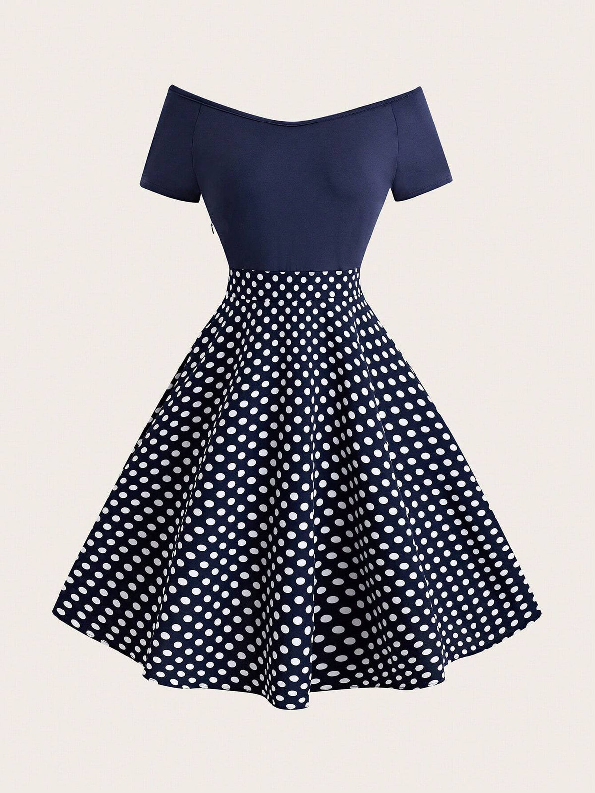 Women's Summer Elegant Polka Dot Printed Off-Shoulder Short Sleeve Dress With Patchwork Design (Random Cut)