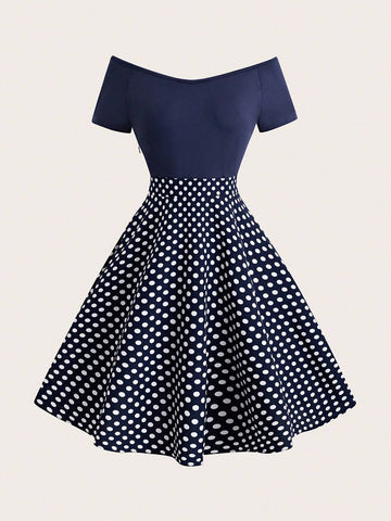 Women's Summer Elegant Polka Dot Printed Off-Shoulder Short Sleeve Dress With Patchwork Design (Random Cut)