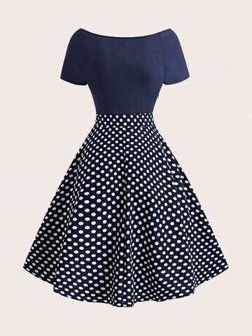 Women's Summer Elegant Polka Dot Printed Off-Shoulder Short Sleeve Dress With Patchwork Design (Random Cut)