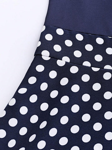 Women's Summer Elegant Polka Dot Printed Off-Shoulder Short Sleeve Dress With Patchwork Design (Random Cut)