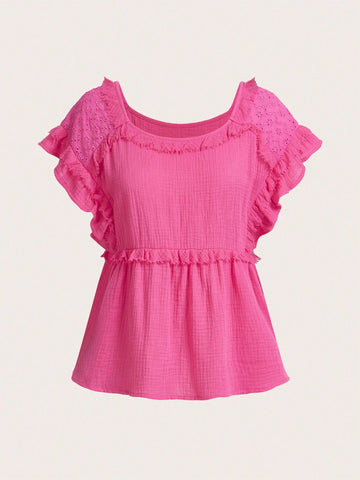 Unity Women's Summer Solid Color Round Neck Ruffle Hem Blouse