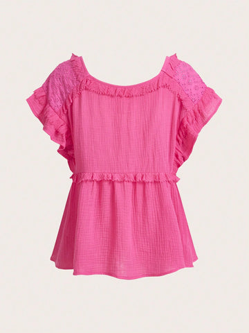 Unity Women's Summer Solid Color Round Neck Ruffle Hem Blouse