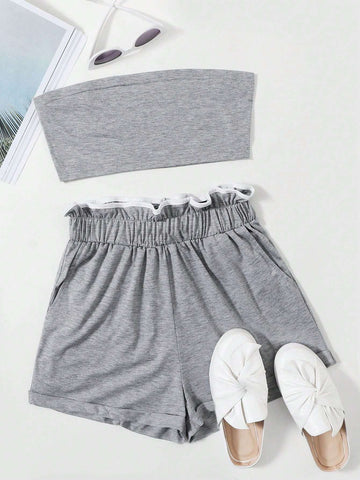 Women's Summer Solid Color Strapless Top And Ruffle Trim Waist Shorts Casual 2pcs Outfit