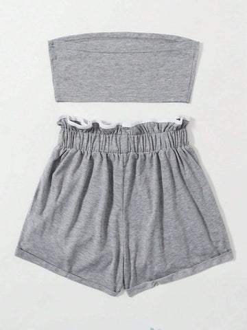 Women's Summer Solid Color Strapless Top And Ruffle Trim Waist Shorts Casual 2pcs Outfit