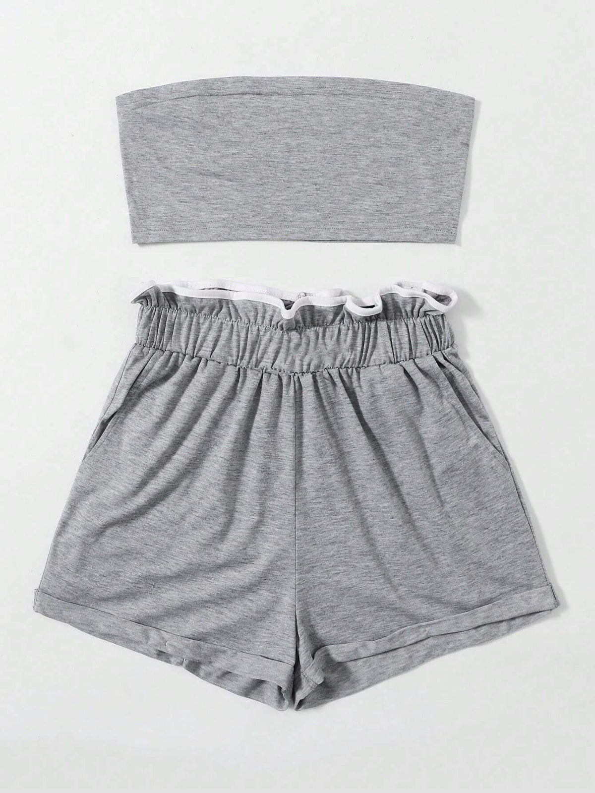 Women's Summer Solid Color Strapless Top And Ruffle Trim Waist Shorts Casual 2pcs Outfit