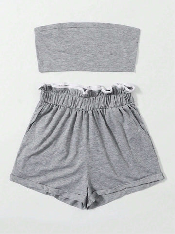 Women's Summer Solid Color Strapless Top And Ruffle Trim Waist Shorts Casual 2pcs Outfit