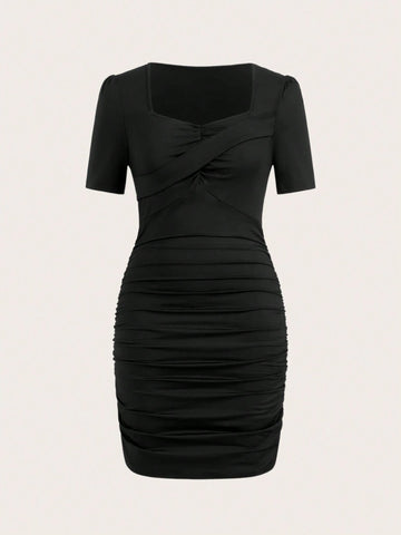 Women's Summer Solid Sweetheart Neck Short Sleeve Ruched Fitted Elegant Dress