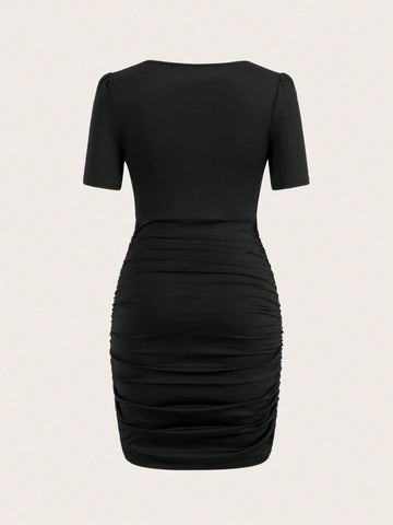 Women's Summer Solid Sweetheart Neck Short Sleeve Ruched Fitted Elegant Dress