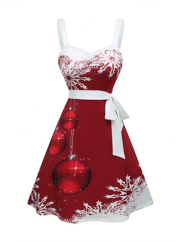 Women's V-Neck Christmas New Year's Eve Snowflake Print Red A-Line Dress
