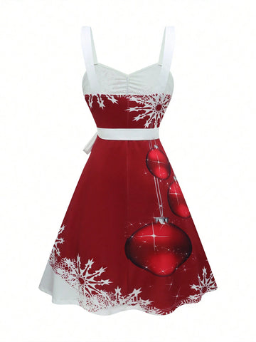 Women's V-Neck Christmas New Year's Eve Snowflake Print Red A-Line Dress