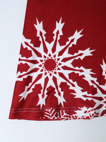 Women's V-Neck Christmas New Year's Eve Snowflake Print Red A-Line Dress