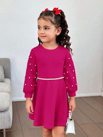Urban Chic Party & Casual Solid Color Round Neck Long Sleeve Beaded Knit Dress For Young Girls