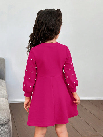 Urban Chic Party & Casual Solid Color Round Neck Long Sleeve Beaded Knit Dress For Young Girls