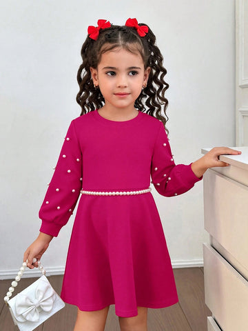 Urban Chic Party & Casual Solid Color Round Neck Long Sleeve Beaded Knit Dress For Young Girls