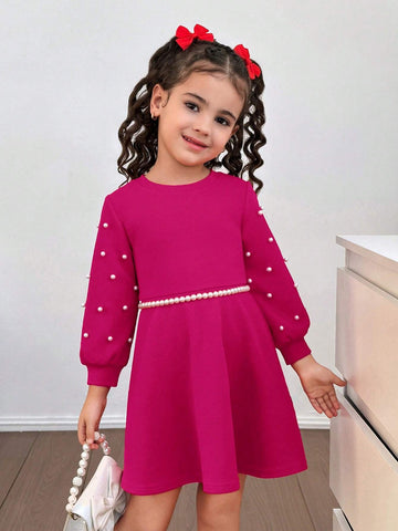 Urban Chic Party & Casual Solid Color Round Neck Long Sleeve Beaded Knit Dress For Young Girls