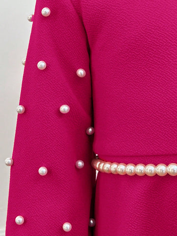 Urban Chic Party & Casual Solid Color Round Neck Long Sleeve Beaded Knit Dress For Young Girls