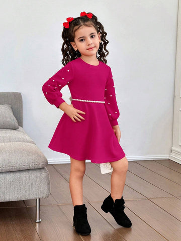 Urban Chic Party & Casual Solid Color Round Neck Long Sleeve Beaded Knit Dress For Young Girls