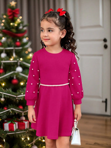 Urban Chic Party & Casual Solid Color Round Neck Long Sleeve Beaded Knit Dress For Young Girls