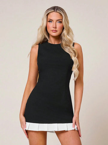 Black & White Splice Round Neck Sleeveless Fitted Mini Dress With Pleated Skirt