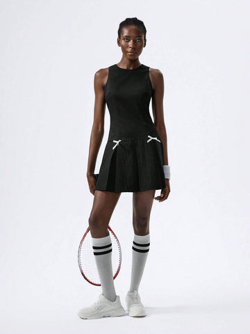 Round Neck, Hollow Back Strap, Pleated Bow Mini Women Dresses