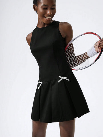 Round Neck, Hollow Back Strap, Pleated Bow Mini Women Dresses