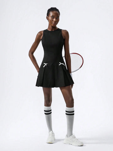 Round Neck, Hollow Back Strap, Pleated Bow Mini Women Dresses