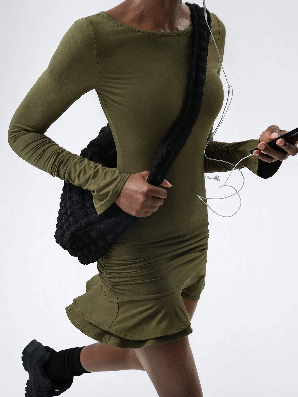 Round Neck Long Sleeves Gathered Double Layer Ruffle Mini Women Dresses