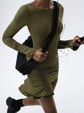 Round Neck Long Sleeves Gathered Double Layer Ruffle Mini Women Dresses