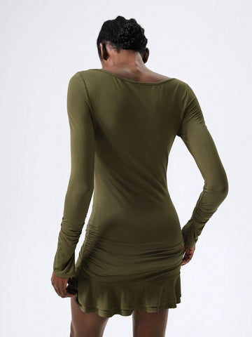 Round Neck Long Sleeves Gathered Double Layer Ruffle Mini Women Dresses